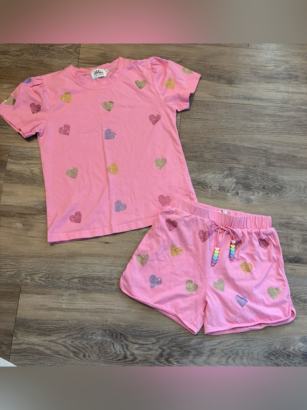 Lola + the boys crystal heart pink 2 piece matching outfit shorts set cotton 10